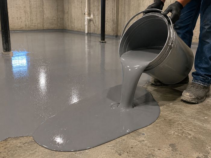 Grey coating poured on a basement floor