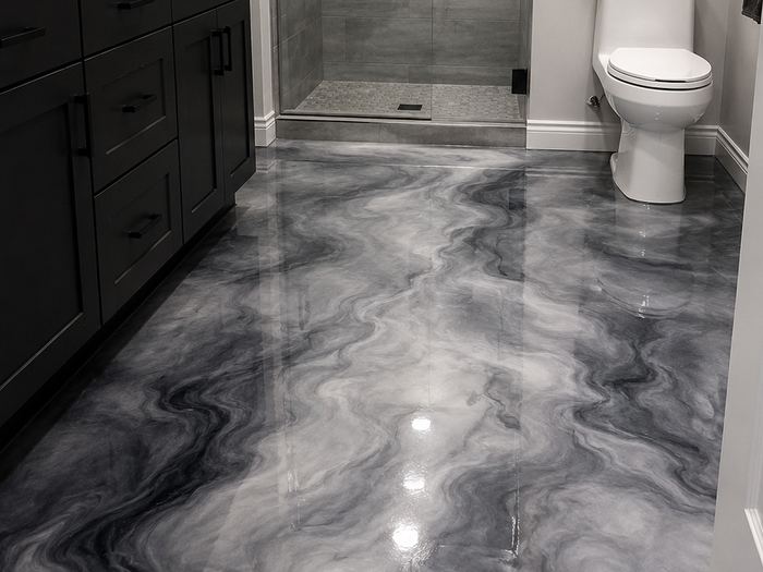 Grey marbled metallic epoxy floor in a bathroom