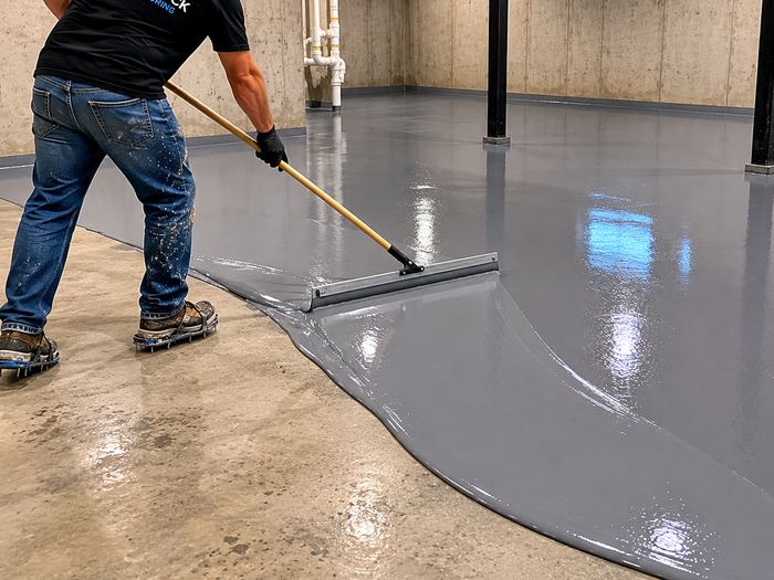 Grey epoxy being spread across a concrete slab