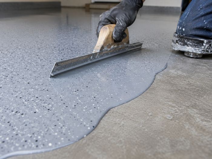 Trowel spreading a grey flake coat over concrete