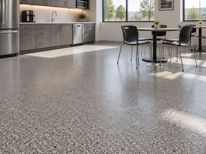 Polished concrete with exposed aggregate in a staff kitchen